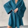 Women's Pajamas Bathrobe Robes Gown Pure Color Simple Casual Comfort Home Daily Bed Cotton And Linen Breathable V Wire Long Sleeve Fall Royal Blue Blue