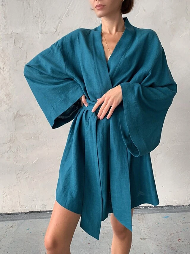 Women's Pajamas Bathrobe Robes Gown Pure Color Simple Casual Comfort Home Daily Bed Cotton And Linen Breathable V Wire Long Sleeve Fall Royal Blue Blue 1 Women's Pajamas Bathrobe Robes Gown Pure Color Simple Casual Comfort Home Daily Bed Cotton And Linen Breathable V Wire Long Sleeve Fall Royal Blue Blue