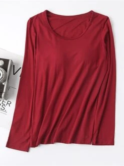 Women's Pink Pajama Top With Chest Pads Loungewear Top Pure Color Fashion Casual Comfort Street Daily Bed Modal Breathable Crew Neck Long Sleeve Fall Winter Black White -Deals The Sexy Bra Store kqveyq1697699931418