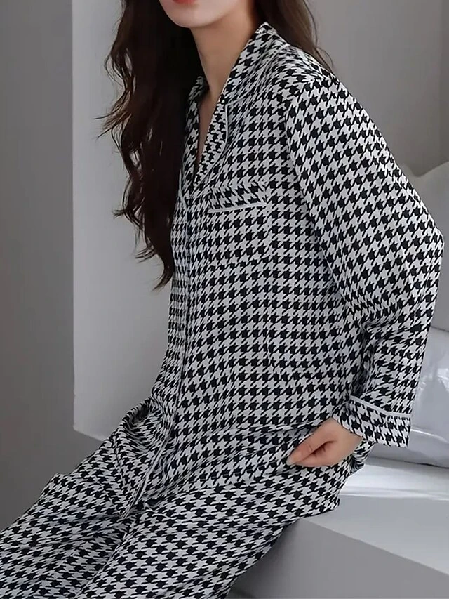 Women's Loungewear Sets Grid / Plaid Fashion Comfort Soft Home Daily Bed Ice Silk Breathable Lapel Long Sleeve Shirt Pant Button Pocket Fall Winter Black Pink 3 Women's Loungewear Sets Grid / Plaid Fashion Comfort Soft Home Daily Bed Ice Silk Breathable Lapel Long Sleeve Shirt Pant Button Pocket Fall Winter Black Pink - Image 3