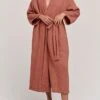 Women's Pajamas Bathrobe Robes Gown Pure Color Simple Casual Comfort Home Daily Bed Cotton Breathable V Wire Long Sleeve Pocket Summer Fall Orange Brown