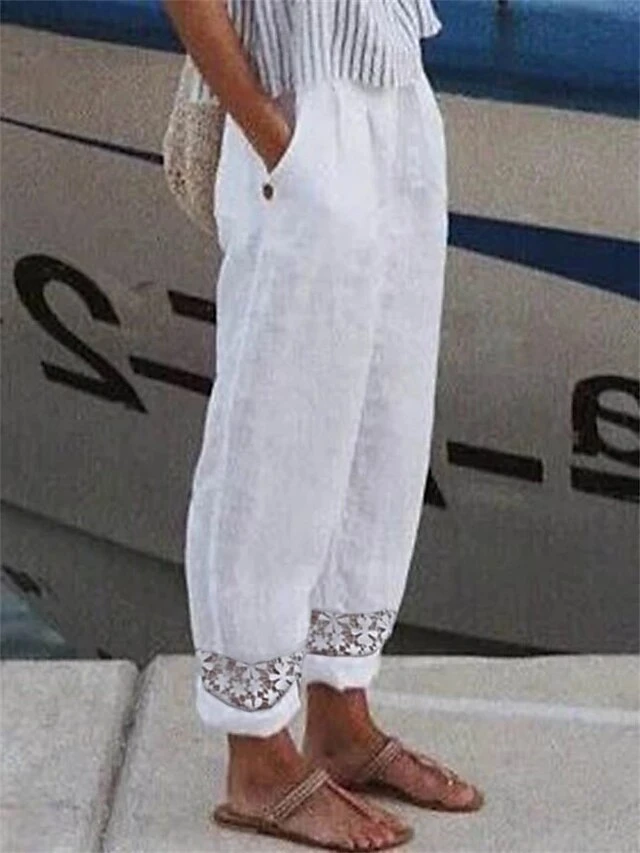 Women's Plus Size Loungewear Pants Pure Color Simple Casual Comfort Home Daily Vacation Linen Breathable Pant Pocket Summer Spring White 2 Women's Plus Size Loungewear Pants Pure Color Simple Casual Comfort Home Daily Vacation Linen Breathable Pant Pocket Summer Spring White - Image 2
