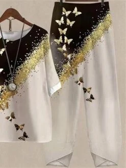 Women's Plus Size Loungewear Sets Butterfly Simple Casual Comfort Home Daily Vacation Polyester Breathable Crew Neck Half Sleeve T Shirt Tee Pant Spring Summer Khaki -Deals The Sexy Bra Store ksuewv1676446186723