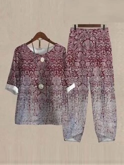 Women's Loungewear Sets Gradient Graphic Prints Fashion Casual Street Date Airport Linen Breathable Crew Neck Half Sleeve T Shirt Tee Pant Summer Spring Yellow Wine -Deals The Sexy Bra Store ksxxln1679973778797