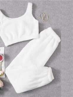 Women's Solid Plush Tank Top And Pants Lounge Sets Casual Comfort Soft Home Street Daily Polyester Breathable Elastic Waist Fall Winter Black White -Deals The Sexy Bra Store kteroz1688541577199