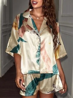 Women's Pajamas Pajama Top And Pant Sets Animal Flower Casual Comfort Soft Home Daily Bed Polyester Breathable Lapel Half Sleeve Shirt Shorts Button Spring Summer Yellow Gray