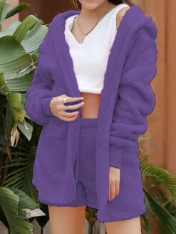 Women's Pajamas Sets Pure Color Warm Fashion Soft Home Daily Bed Polyester Warm Hoodie Long Sleeve Tank Top Shorts Hoodie Fall Winter Deep Purple Off White -Deals The Sexy Bra Store kvmpjy1692689284393