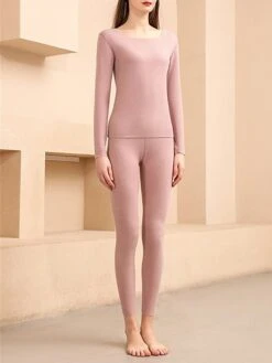 Women's Pajamas Thermal Set Pure Color Warm Fashion Comfort Home Daily Bed Polyester Comfort Warm Crew Neck Long Sleeve T Shirt Tee Pant Fall Winter Black Pink -Deals The Sexy Bra Store kvztzy1692927375271