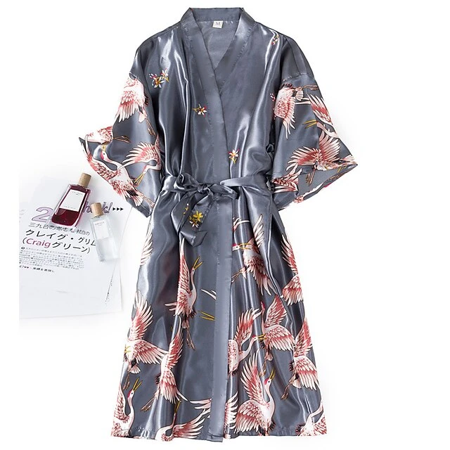 Women's Gift Robes Gown Pajamas Bathrobes Home Party Wedding Party Spa Print Crane Animal Silk Simple Soft Kimono Robes Sweet Fall Spring Summer V Wire Long Sleeve Tie Closure Belt Included 12 Women's Gift Robes Gown Pajamas Bathrobes Home Party Wedding Party Spa Print Crane Animal Silk Simple Soft Kimono Robes Sweet Fall Spring Summer V Wire Long Sleeve Tie Closure Belt Included - Image 12
