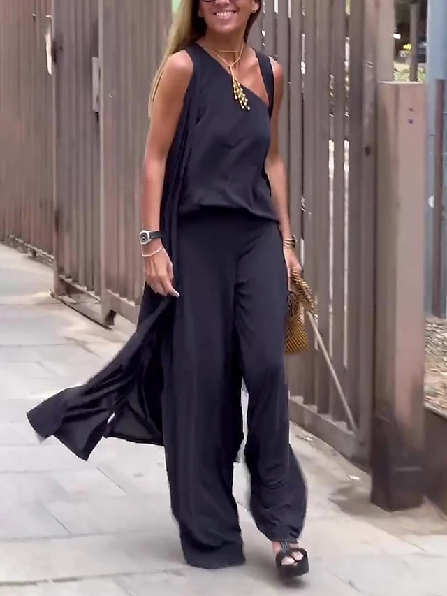 Women's Sets 4 Pcs Cotton And Spandex One Shoulder Shirt Long Vest Cardigan And Wide Leg Pants Pure Color Comfort Soft Home Daily Jersey Summer Spring Black Gray 3 Women's Sets 4 Pcs Cotton And Spandex One Shoulder Shirt Long Vest Cardigan And Wide Leg Pants Pure Color Comfort Soft Home Daily Jersey Summer Spring Black Gray - Image 3
