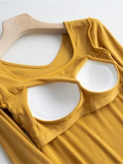 Women's Square Neck Pajama Top With Chest Pads Loungewear Top Pure Color Fashion Casual Comfort Home Street Daily Polyester Breathable Square Neck Long Sleeve Fall Winter Black White Yellow -Deals The Sexy Bra Store kwynzu1697699935756