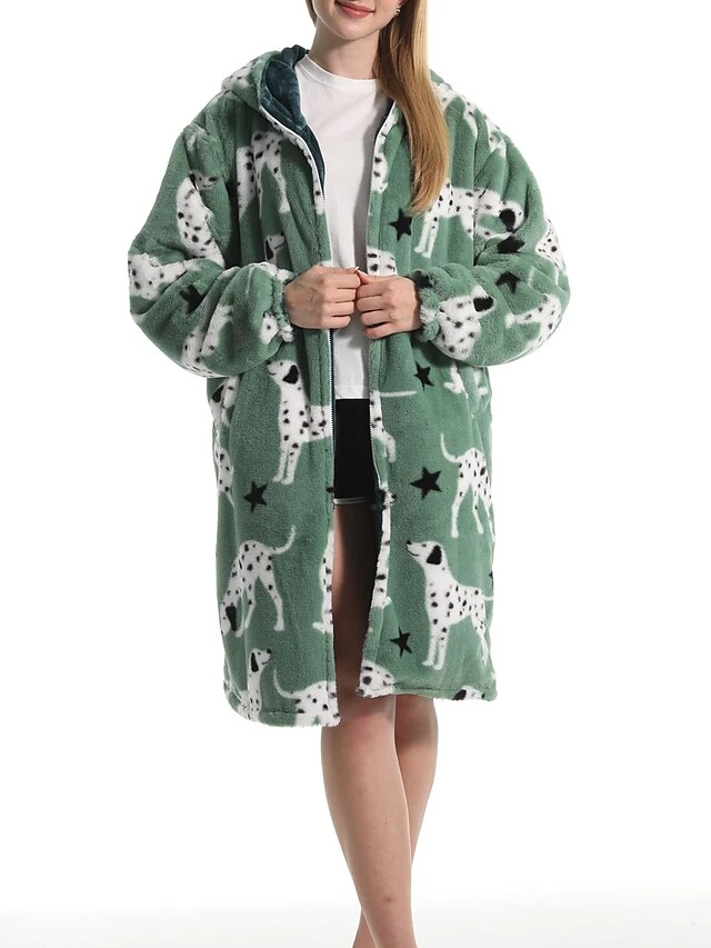 Women's Robe Dog Plush Casual Comfort Home Daily Bed Flannel Warm Breathable Hoodie Long Sleeve Pocket Fall Winter Green 3 Women's Robe Dog Plush Casual Comfort Home Daily Bed Flannel Warm Breathable Hoodie Long Sleeve Pocket Fall Winter Green - Image 3