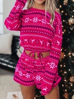 Women's Christmas Loungewear Sets Stripe Snowflake Casual Comfort Xmas Home Christmas Daily Polyester Breathable Crew Neck Long Sleeve Shorts Spring Fall Wine Red -Deals The Sexy Bra Store kxqrhs1692950063021