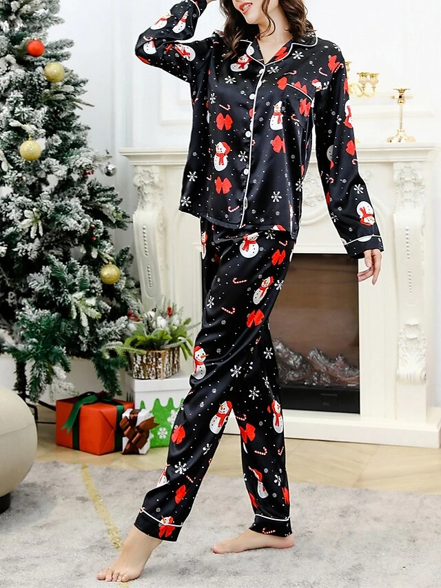 Women's Christmas Pajamas Sets Snowman Snowflake Fashion Casual Home Xmas Daily Polyester Breathable Lapel Long Sleeve Shirt Pant Button Summer Spring SnowmanM-70 2 Women's Christmas Pajamas Sets Snowman Snowflake Fashion Casual Home Xmas Daily Polyester Breathable Lapel Long Sleeve Shirt Pant Button Summer Spring SnowmanM-70 - Image 2