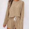 Women's Loungewear Sets 2 Pieces Stripe Fashion Casual Comfort Street Daily Date Polyester Breathable Crew Neck Long Sleeve Shorts Summer Fall Khaki