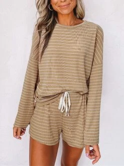Women's Loungewear Sets 2 Pieces Stripe Fashion Casual Comfort Street Daily Date Polyester Breathable Crew Neck Long Sleeve Shorts Summer Fall Khaki