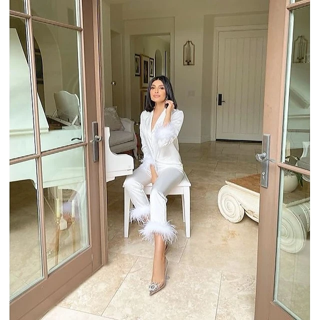 Women's Gift Loungewear Pajamas Sets Home Party Valentine's Day Feather Pure Color Silk Simple Soft Shirt Pant Fall Spring Summer Lapel Long Sleeve Long Pant Buckle Pocket 13 Women's Gift Loungewear Pajamas Sets Home Party Valentine's Day Feather Pure Color Silk Simple Soft Shirt Pant Fall Spring Summer Lapel Long Sleeve Long Pant Buckle Pocket - Image 13