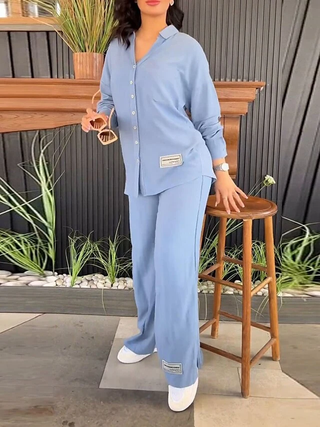 Women's Pajamas Sets Pure Color Casual Comfort Home Daily Bed Polyester Breathable Lapel Long Sleeve Shirt Pant Button Fall Winter Black Blue 4 Women's Pajamas Sets Pure Color Casual Comfort Home Daily Bed Polyester Breathable Lapel Long Sleeve Shirt Pant Button Fall Winter Black Blue - Image 4