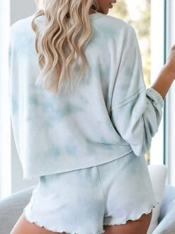 Women's Loungewear Sets Tie Dye Simple Casual Comfort Street Daily Vacation Polyester Breathable Crew Neck Long Sleeve Shorts Button Elastic Waist Spring Summer Purple Light Blue -Deals The Sexy Bra Store lbgsgp1676969760704