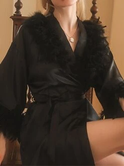 Women's Pajamas Robe Bathrobe Pure Color Fashion Comfort Soft Home Bed Wedding Party Polyester Breathable V Wire Feather Fall Winter Claret Deep Purple -Deals The Sexy Bra Store lbubbc1694742417068