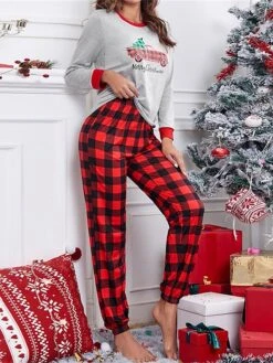 Women's Christmas Xmas Lounge Sets Letter Grid / Plaid Simple Casual Comfort Polyester Breathable Crew Neck Long Sleeve T Shirt Tee Pant Elastic Waist Fall Winter Light Grey -Deals The Sexy Bra Store lcppwz1695281843510