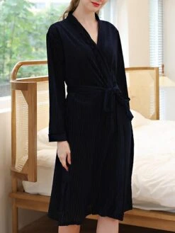 Women's Pajamas Bathrobe Robes Gown Pure Color Warm Simple Casual Home Daily Bed Cotton Warm Breathable V Wire Long Sleeve Belt Included Fall Winter Dark Blue