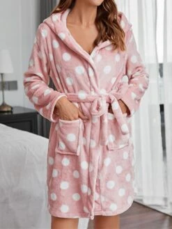 Women's Robes Gown Pjs Dot Comfort Soft Home Bed Polyester Hoodie Long Sleeve Pocket Hoodie Fall Winter Pink -Deals The Sexy Bra Store lczgtm1662541450617