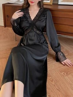 Women's Satin Silk Lace Nightgown Pajamas Nightshirt Dress Pure Color Simple Casual Comfort Home Daily Bed Satin Breathable V Wire Long Sleeve Chest Pads Fall Winter Black White -Deals The Sexy Bra Store lddoxo1697170333372