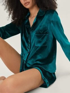 Women's Pajamas Pajama Top And Pant Sets Pure Color Hot Comfort Soft Home Daily Bed Polyester Breathable Lapel Long Sleeve Shirt Shorts Button Pocket Spring Fall Green -Deals The Sexy Bra Store ldibqt1677485019354