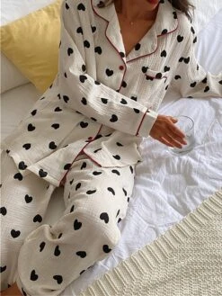 Women's Plus Size Heart Print Pajama Sets Simple Casual Comfort Home Daily Bed Polyester Breathable Lapel Long Sleeve Shirt Pant Button Summer Fall White -Deals The Sexy Bra Store ldtlbs1689581305438