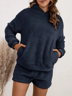 Women's Coral Fleece Lounge Sets Pure Color Casual Comfort Soft Street Daily Vacation Coral Velvet Breathable Hoodie Long Sleeve Shorts Elastic Waist Fall Winter Pink Navy Blue -Deals The Sexy Bra Store lengfm1689845890676