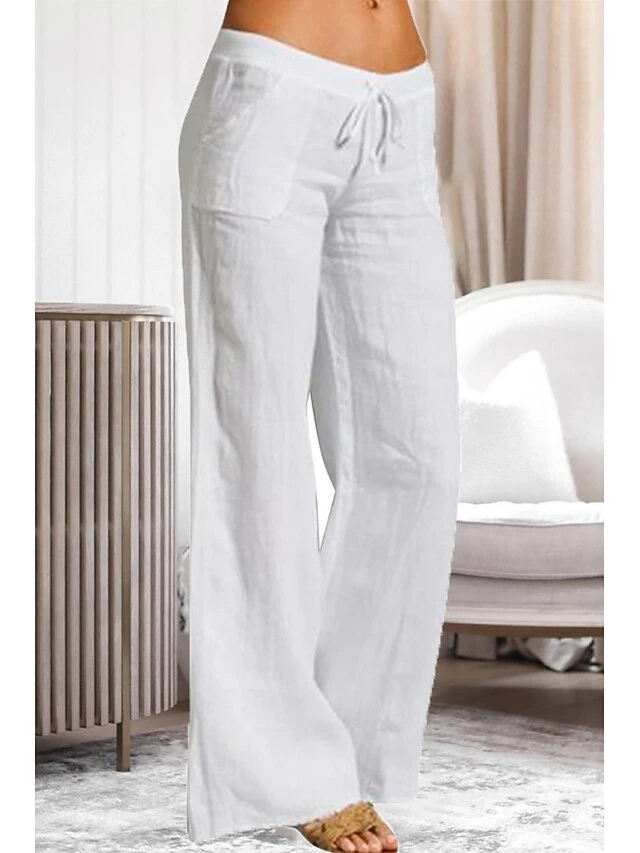 Women's Loungewear Pants Pure Color Simple Casual Comfort Home Daily Vacation Cotton Breathable Pant Pocket Elastic Waist Summer Spring Black White 2 Women's Loungewear Pants Pure Color Simple Casual Comfort Home Daily Vacation Cotton Breathable Pant Pocket Elastic Waist Summer Spring Black White - Image 2