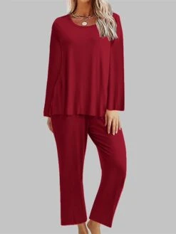 Women's Loungewear Sets Pure Color Simple Casual Comfort Home Daily Bed Polyester Breathable Crew Neck Long Sleeve T Shirt Tee Pant Pocket Fall Winter Black Red -Deals The Sexy Bra Store lfyhdl1694072410206