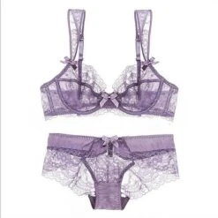 Women's Underwire Bras Padless 3/4 Cup Lace Pure Color Hook & Eye Polyester Sexy 1 Set Black Purple / Plus Size / Bra & Panty Set / Plus Size