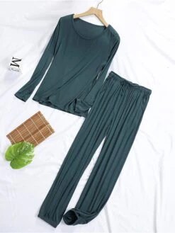 Women's Pajamas Sets Pure Color Casual Comfort Soft Home Daily Vacation Modal Crew Neck Long Sleeve T Shirt Tee Pocket Fall Winter Light Pink Matcha Green -Deals The Sexy Bra Store lgbuol1693467430278
