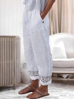 Women's Plus Size Loungewear Pants Pure Color Simple Casual Comfort Home Daily Vacation Linen Breathable Pant Pocket Summer Spring White