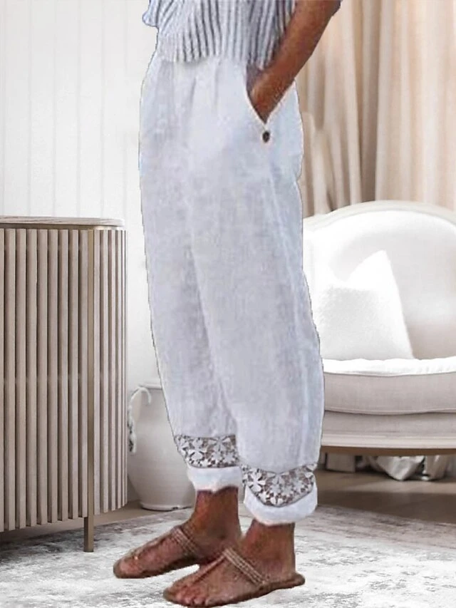 Women's Plus Size Loungewear Pants Pure Color Simple Casual Comfort Home Daily Vacation Linen Breathable Pant Pocket Summer Spring White 1 Women's Plus Size Loungewear Pants Pure Color Simple Casual Comfort Home Daily Vacation Linen Breathable Pant Pocket Summer Spring White