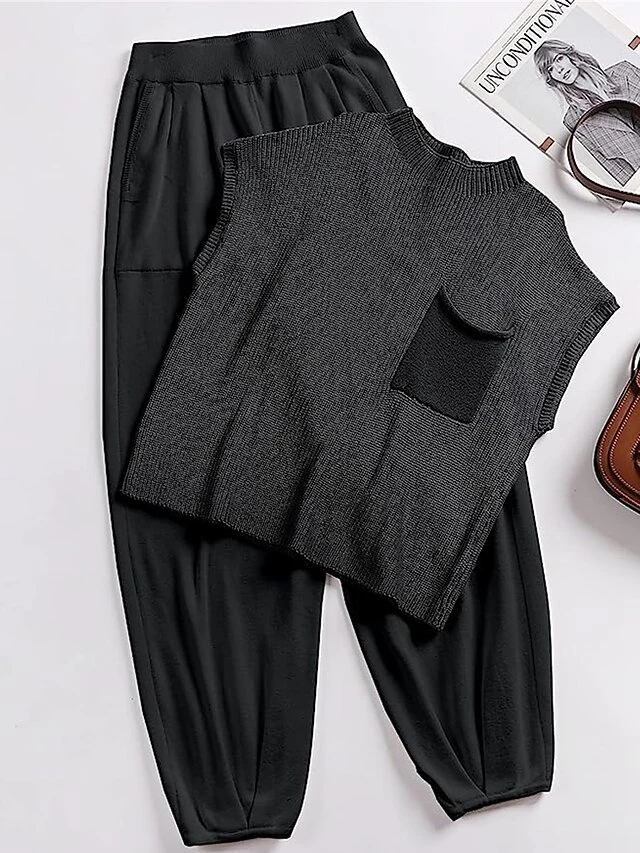 Women's Knit Lounge Sets Top And High Waisted Pants Pure Color Casual Comfort Soft Home Street Daily Polyester Breathable Stand Collar Short Sleeve Sweater Pant Pocket Summer Fall Black Brown 14 Women's Knit Lounge Sets Top And High Waisted Pants Pure Color Casual Comfort Soft Home Street Daily Polyester Breathable Stand Collar Short Sleeve Sweater Pant Pocket Summer Fall Black Brown - Image 14