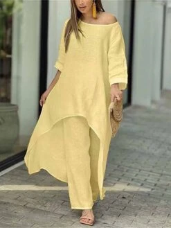 Women's Loungewear Sets Pure Color Fashion Simple Casual Street Date Airport Polyester Breathable Crew Neck Long Sleeve Pant Summer Spring White Yellow -Deals The Sexy Bra Store lgpgqe1679973750737