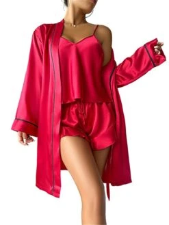 Women's Pajamas Sets Pure Color Fashion Comfort Soft Home Daily Bed Satin Breathable Straps Short Pant Strap Top Shorts Elastic Waist Fall Winter Pink Red -Deals The Sexy Bra Store lhrzcx1693379814926