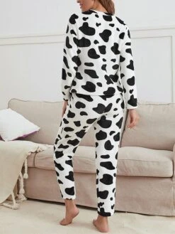 Women's Fleece Pajamas Sets Milk Cow Warm Fashion Plush Home Daily Bed Flannel Warm Breathable Crew Neck Long Sleeve Pant Fall Winter White -Deals The Sexy Bra Store lhuhwp1694766972619