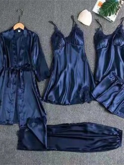 Women's Satin Silk Sexy Lingerie Sets 5 Pieces Heart Stripe Casual Comfort Soft Home Daily Bed Satin Breathable V Wire Long Sleeve Pant Pocket Elastic Waist Summer Spring Black Pink -Deals The Sexy Bra Store liqfvx1680599071055