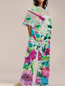 Women's Loungewear Sets 2 Pieces Flower Simple Comfort Sweet Home Daily Polyester Breathable Crew Neck Short Sleeve Pullover Pant Pocket Summer Spring Yellow Red -Deals The Sexy Bra Store ljcdkz1685616200623