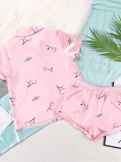Women's Pajamas Pajama Top And Pant Sets Letter Fruit Simple Casual Comfort Home Daily Bed Satin Breathable Lapel Short Sleeve Shirt Shorts Button Spring Summer Light Pink White -Deals The Sexy Bra Store lknqob1673430950045