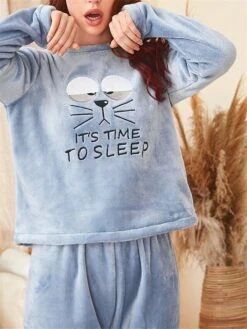 Women's Fuzzy Pajamas Sets Cartoon Cat Fashion Casual Soft Home Daily Bed Flannel Breathable Crew Neck Long Sleeve Pant Fall Winter Blue -Deals The Sexy Bra Store lksotl1689581344620