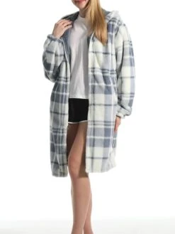 Women's Robe Grid / Plaid Plush Casual Comfort Home Daily Bed Flannel Warm Breathable Hoodie Long Sleeve Pocket Fall Winter Gray -Deals The Sexy Bra Store llewgy1695373704842