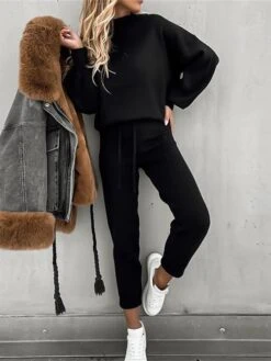 Women's Lounge Sets Sweatshirt Drawstring Pants Pure Color Fashion Comfort Soft Street Daily Vacation Polyester Breathable Crew Neck Long Sleeve Pant Elastic Waist Summer Fall Black Khaki -Deals The Sexy Bra Store llzoqq1689845875891