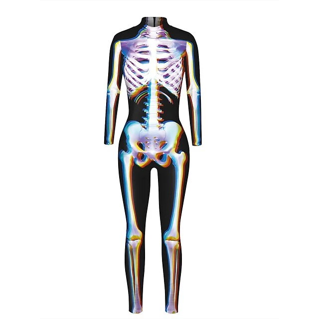 Women's Onesie Skeleton Retro Punk & Gothic Halloween Polyester Breathable Stand Collar Long Pant Fall Winter Black White 1 Women's Onesie Skeleton Retro Punk & Gothic Halloween Polyester Breathable Stand Collar Long Pant Fall Winter Black White