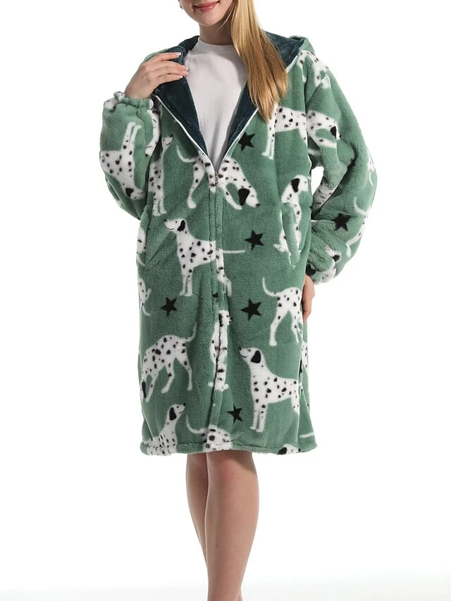Women's Robe Dog Plush Casual Comfort Home Daily Bed Flannel Warm Breathable Hoodie Long Sleeve Pocket Fall Winter Green 6 Women's Robe Dog Plush Casual Comfort Home Daily Bed Flannel Warm Breathable Hoodie Long Sleeve Pocket Fall Winter Green - Image 6