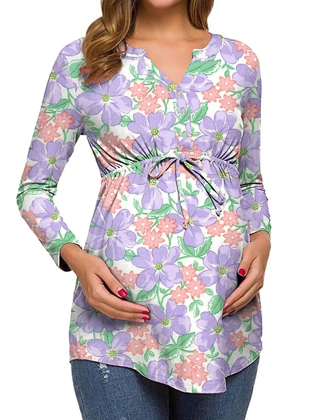 Women's Maternity Tops Pregnancy Shirts Floral Pattern Casual Comfort Pastoral Home Daily Vacation Cotton Breathable V Wire Long Sleeve Fall Winter White Light Green 9 Women's Maternity Tops Pregnancy Shirts Floral Pattern Casual Comfort Pastoral Home Daily Vacation Cotton Breathable V Wire Long Sleeve Fall Winter White Light Green - Image 9